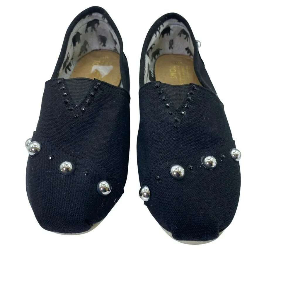 TOMS Women Classic Canvas Slip-Ons Studded Black Rhinestone Alpargatas Size 11 M